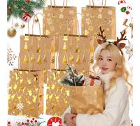 Xinlon 6 Pièces Sacs cadeaux de Noël dorés, Sacs en papier marron, Arbre de Noël avec des flocons de neige et des rennes pour Fêtes, Anniversaire, Mariage et Noëls Vide Reutilisable