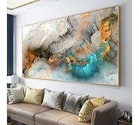Xinmei Art Toile d'art mural sur toile, peinture d'art abstrait, gris clair, bleu, jaune , fond de nuage, décoration d'art moderne pour salon, cuisine, 80x160cm(32x63in) avec cadre doré