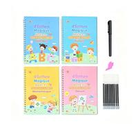 XINML Cahier Écriture Maternelle Réutilisable, 4 Livres Calligraphie Enfant | 4 Cahiers Thématiques, Stylo 10 Recharges, Tracés Rainurés 3D, Guide-Doigts Silicone, Alphabet Chiffres Maths Dessin, 3-5 Ans