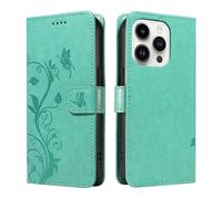 XINNI Étui pour Oppo Reno 14 Pro 5G, Housse de Portefeuille Cuir PU Relief Papillon Arbre de Fleur d'Abricot Couqe, Vert