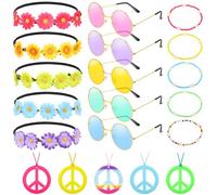 Xinnun 20 Pièces Ensemble d'Accessoires de Costume Hippie Années 60 et 70 Bandeau Couronne de Fleurs Lunettes de Soleil Bracelet Perlé Collier de Signe de Paix pour la Fête Disco Soirée à Thème Rétro