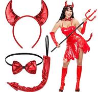 Xinnun 3 Pièces Accessoires de Costume de Diable d'Halloween Bandeau de Corne Queue et Noeud Papillon pour Femme Cosplay Déguisement de Fête Carnaval (Rouge, Style Frais)