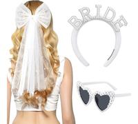 Xinnun 3 Pièces Set d'Accessoires JGA pour Femme Voile de Perles Blanches avec Nœud Lunettes de Soleil en Perles de Cœur Serre-Tête de Mariée Accessoires pour Enterrement de Vie de Jeune Fille