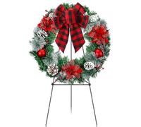 Xinnun Couronne de cimetière de Noël de 61 cm pour tombes avec couronne de 76,2 cm, chevalet de buffle, nœud à carreaux, pommes de pin, baies rouges, poinsettia, couronne de Noël pour décoration