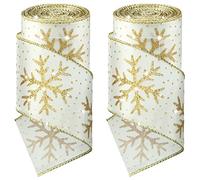 Xinnun Lot de 2 rouleaux de ruban de Noël en satin pailleté avec bords métalliques pour sapin de Noël, emballage cadeau, décoration d'intérieur, nœud, loisirs créatifs (11 m, blanc, doré)