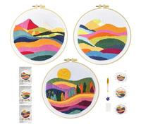 Xinpinzhou 3pcs Kit Broderie Debutant Paysage, Kit Canvas Canevas et Broderie Point de Croix Débutant Enfant Complet Pré Imprimé Compté Moderne avec Fils Embroidery Set Adulte Easy Facile