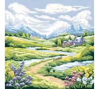 Xinpinzhou Canevas Broderie Point de Croix Kit Complet Adulte Debutant Compté Pré Imprimé Estampillé Moderne Débutant avec Fils, Facile Paysage de Village 11ct Cross Stitch Loisirs Créatifs Set