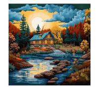 Xinpinzhou Canevas Broderie Point de Croix Kit Complet Adulte Debutant Compté Pré Imprimé Estampillé Moderne Débutant avec Fils, Facile Rivière Paysage 11ct Cross Stitch Loisirs Créatifs Set