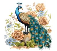 Xinpinzhou Canevas Broderie Point de Croix Kit Complet Adulte Debutant Compté Pré Imprimé Estampillé Moderne Débutant avec Fils, Facile Paon et Fleurs 11ct Cross Stitch Loisirs Créatifs Set 36 x 36 cm