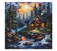 Xinpinzhou Canevas Broderie Point de Croix Kit Complet Adulte Debutant Compté Pré Imprimé Estampillé Moderne Débutant avec Fils, Facile Paysage Ruisseau 11ct Cross Stitch Loisirs Créatifs Set