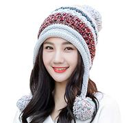 Xinqiao Bonnet d'hiver péruvien en tricot pour femme - Doublure polaire - Avec cache-oreilles et pompon, gris, taille unique