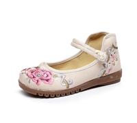 xinrishe Chaussures Plates Brodées À La Main pour Femmes, Chaussures À Bride À La Cheville De Style Traditionnel Chinois, Chaussures De Ballet De Yoga De Spectacle De Marche Cheongsam(Beige,38 EU)