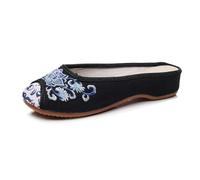 xinrishe Mules Plates Brodées De Fleurs De Style Chinois, Pantoufles Décontractées Légères À Bout Rond Fermées, Chaussures en Tissu De Style Ancien Hanfu pour Femmes(Black,37 EU)