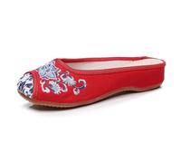 xinrishe Mules Plates Brodées De Fleurs De Style Chinois, Pantoufles Décontractées Légères À Bout Rond Fermées, Chaussures en Tissu De Style Ancien Hanfu pour Femmes(Rouge,37 EU)
