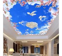 XINRUYI Papier peint mural 3D autocollant pour plafond, orné de fleurs de cerisier, de ciel bleu et de colombes blanches, idéal pour la décoration du plafond du salon et de la chambre.