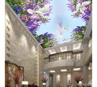XINRUYI Papier peint mural autocollant 3D pour plafond, motif de fleurs violettes et de colombes, pour la décoration du plafond du salon et de la chambre.