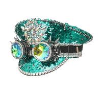 Xinsheinelry Chapeau de capitaine avec une paire de lunettes vertes à paillettes et rivets pour discothèque, bal masqué, bal masqué, enterrement de vie de jeune fille