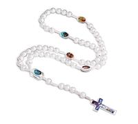 Xinsheinelry Collier chapelet catholique avec pendentif en perles rondes blanches pour femme et fille, 珠子：10MM 十字架：4.2cm*2.4CM, Plastique