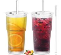 Xinxinphi 2 Pièces 600 ml Gobelets Verre avec Couvercle et Paille, Tasses Smoothie Design Hermétiques et Étanche, Verres Nervurés Glacé Voyage, Verre Matcha pour Café, Cocktail, Jus, Thé, Bière