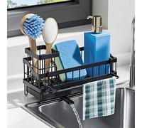 Xinxinphi Organisateur Evier Cuisine avec Support Brosse Haute, Porte Eponge avec Plateau Vidange Amovible & Drainage Déviation, Plan Travail pour Rangement Organisation Savon Serviettes (Noir)