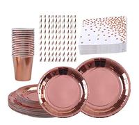 XinYang Vaisselle Jetable Assiette Anniversaire Or Rose fête Dîner Tasse Serviette Papier Paille pour Party Baby Shower Party Mariage，10 invités