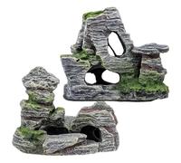 XinYangMao Cachette pour Aquarium 2 Pièces - Rocher Résin avec Herbe Naturelle - Décor Paysage Montagneux pour Crevettes, Poissons - Abri Anti-Stress