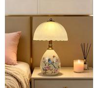 XINYASEE Fleur oiseau figure lampe de table en céramique,Veilleuse LED,E27 lampe de chevet Moderne avec abat-jour en Verre,Lampe de bureau, llampe à poser pour chambre à coucher,salon, bureau (beige)