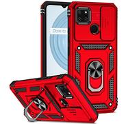 XINYEXIN Coque pour Realme C21Y / Realme C25Y avec Cache Caméra et Béquille, Couvercle Coulissant de la Caméra + Support Annulaire à 360 Degrés Etui Housse Antichoc - Rouge