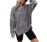 XINYIN Sweat-shirt surdimensionné pour femme - Col rond - Manches longues - Fentes latérales - Vêtements d'automne tendance - Sweats en tricot gaufré - Sweat-shirt surdimensionné pour femme, gris, XL