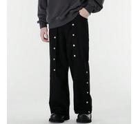 XINYINSU Déconstruction du design du bouton latéral de pantalon décontracté à jambe droite ample unisexe M,S,XS,XXSUnicoloreTissu tricoté