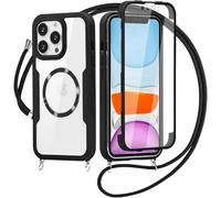 xinyunew Collier Coque Magnétique pour iPhone 13 Pro avec Protecteur D'écran Intégrée,360 Degrés Transparent Réglable Étui Cordon Housse Anti-Rayures Tactile Deux Couches Protection Etui-Noir