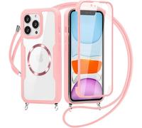 xinyunew Collier Coque Magnétique pour iPhone 13 Pro avec Protecteur D'écran Intégrée,360 Degrés Transparent Réglable Étui Cordon Housse Anti-Rayures Tactile Deux Couches Protection Etui-Rose