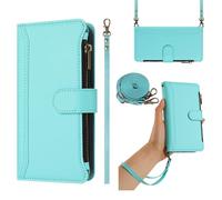 xinyunew Coque Compatible avec Oppo A57S 4G/A57e 4G/A77S 4G Etui avec Cordon,Flip Portefeuille Étui Cuir,[9 Porte Cartes][Béquille][Magnétique][Réglable Collier] Housse Etui - Vert Menthe