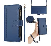 xinyunew Coque Compatible avec Oppo A57S 4G/A57e 4G/A77S 4G Etui avec Cordon,Flip Portefeuille Étui Cuir,[9 Porte Cartes][Béquille][Magnétique][Réglable Collier] Housse Etui - Bleu foncé