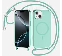 xinyunew Coque Magnétique pour iPhone 15 avec Cordon, Compatible avec MagSafe Collier Étui Silicone Liquide avec Tour de Cou Lanière en Corde Souple TPU Antichoc Housse pour iPhone 15,Vert Clair