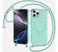xinyunew Coque Magnétique pour iPhone 16 Pro Max avec Cordon, Compatible avec MagSafe Collier Étui Silicone Liquide avec Tour de Cou Lanière en Corde Souple TPU Antichoc Housse,Vert Clair