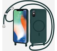 xinyunew Coque Magnétique pour iPhone XS Max avec Cordon, Compatible avec MagSafe Collier Étui Silicone Liquide avec Tour de Cou Lanière en Corde Souple TPU Antichoc Housse,Vert Encre