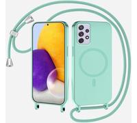 xinyunew Coque Magnétique pour Samsung Galaxy A32 5G avec Cordon, Compatible avec MagSafe Collier Étui Silicone Liquide avec Tour de Cou Lanière en Corde Souple TPU Antichoc Housse,Vert Clair