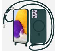 xinyunew Coque Magnétique pour Samsung Galaxy A33 avec Cordon, Compatible avec MagSafe Collier Étui Silicone Liquide avec Tour de Cou Lanière en Corde Souple TPU Antichoc Housse,Vert Encre