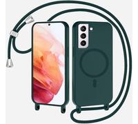 xinyunew Coque Magnétique pour Samsung Galaxy S22 avec Cordon, Compatible avec MagSafe Collier Étui Silicone Liquide avec Tour de Cou Lanière en Corde Souple TPU Antichoc Housse,Vert Encre