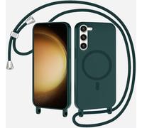 xinyunew Coque Magnétique pour Samsung Galaxy S23 avec Cordon, Compatible avec MagSafe Collier Étui Silicone Liquide avec Tour de Cou Lanière en Corde Souple TPU Antichoc Housse,Vert Encre