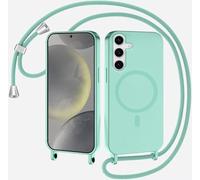 xinyunew Coque Magnétique pour Samsung Galaxy S24 FE avec Cordon, Compatible avec MagSafe Collier Étui Silicone Liquide avec Tour de Cou Lanière en Corde Souple TPU Antichoc Housse,Vert Clair