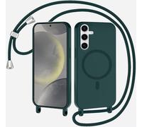 xinyunew Coque Magnétique pour Samsung Galaxy S25 FE avec Cordon, Compatible avec MagSafe Collier Étui Silicone Liquide avec Tour de Cou Lanière en Corde Souple TPU Antichoc Housse,Vert Encre