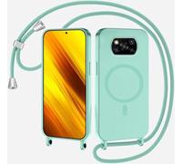 xinyunew Coque Magnétique pour Xiaomi Poco X3 NFC/X3 Pro/X3 avec Cordon, Compatible avec MagSafe Collier Étui Silicone Liquide avec Tour de Cou Lanière en Corde Souple TPU Antichoc Housse,Vert Clair