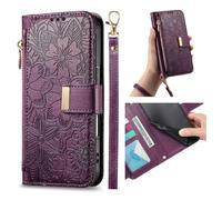 xinyunew Coque pour Oppo Realme C35 Fleur Étui Housse en Cuir PU à Rabat Portefeuille Antichoc avec Porte Carte, Poche Zippée, Chiusura Magnétique, Dragonne et Support Cover Case Femme-Violet