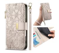 xinyunew Coque pour Oppo Realme C35 Fleur Étui Housse en Cuir PU à Rabat Portefeuille Antichoc avec Porte Carte, Poche Zippée, Chiusura Magnétique, Dragonne et Support Cover Case Femme-Gris