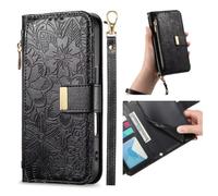 xinyunew Coque pour Oppo Realme C35 Fleur Étui Housse en Cuir PU à Rabat Portefeuille Antichoc avec Porte Carte, Poche Zippée, Chiusura Magnétique, Dragonne et Support Cover Case Femme-Noir