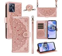 xinyunew Portefeuille Coque pour Oppo Realme C35 4G avec Cordon,Etui en Cuir PU Flip Folio Housse,Crossbody Case pour Fille avec Magnétique,béquille,Fentes de Cartes,Rose
