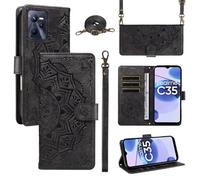 xinyunew Portefeuille Coque pour Oppo Realme C35 4G avec Cordon,Etui en Cuir PU Flip Folio Housse,Crossbody Case pour Fille avec Magnétique,béquille,Fentes de Cartes,Noir
