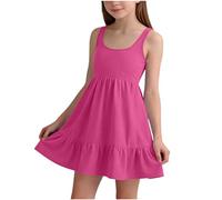 XINYUNZU Robe sans Manches pour Fille, Robe d'Été Style Débardeur avec Volant Bas, Summer Dress Girls Robes Col Rond sans Manches pour Enfant Rose Fuchsia 9-10 Ans